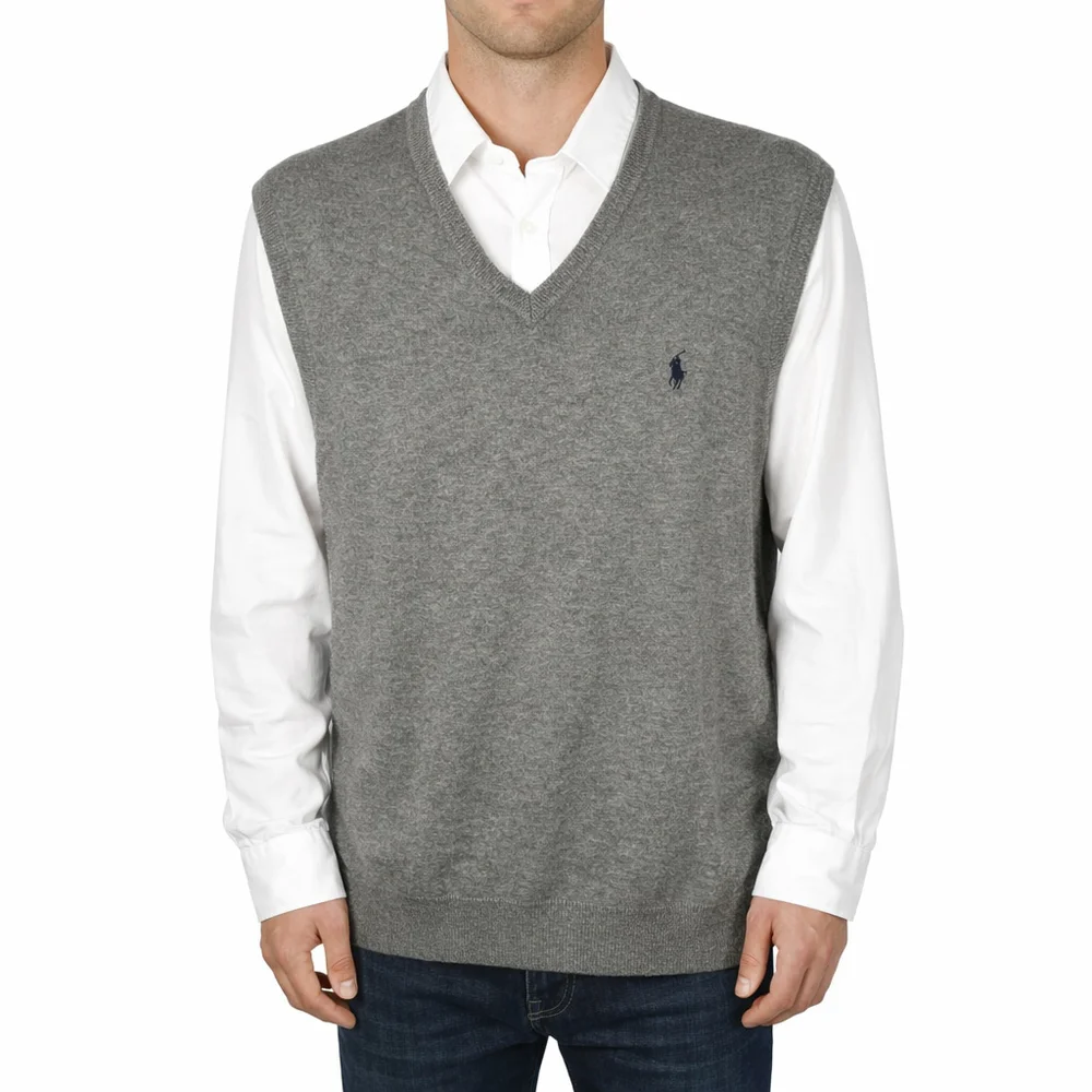 Polo Ralph Lauren Gray Sweater Vest Navy Polo Pony Merino Wool Preppy Size XL